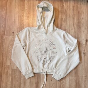 True Religion Womens Cropped Hoodie Sweatshirt Light Beige Buddha Graphic Size S